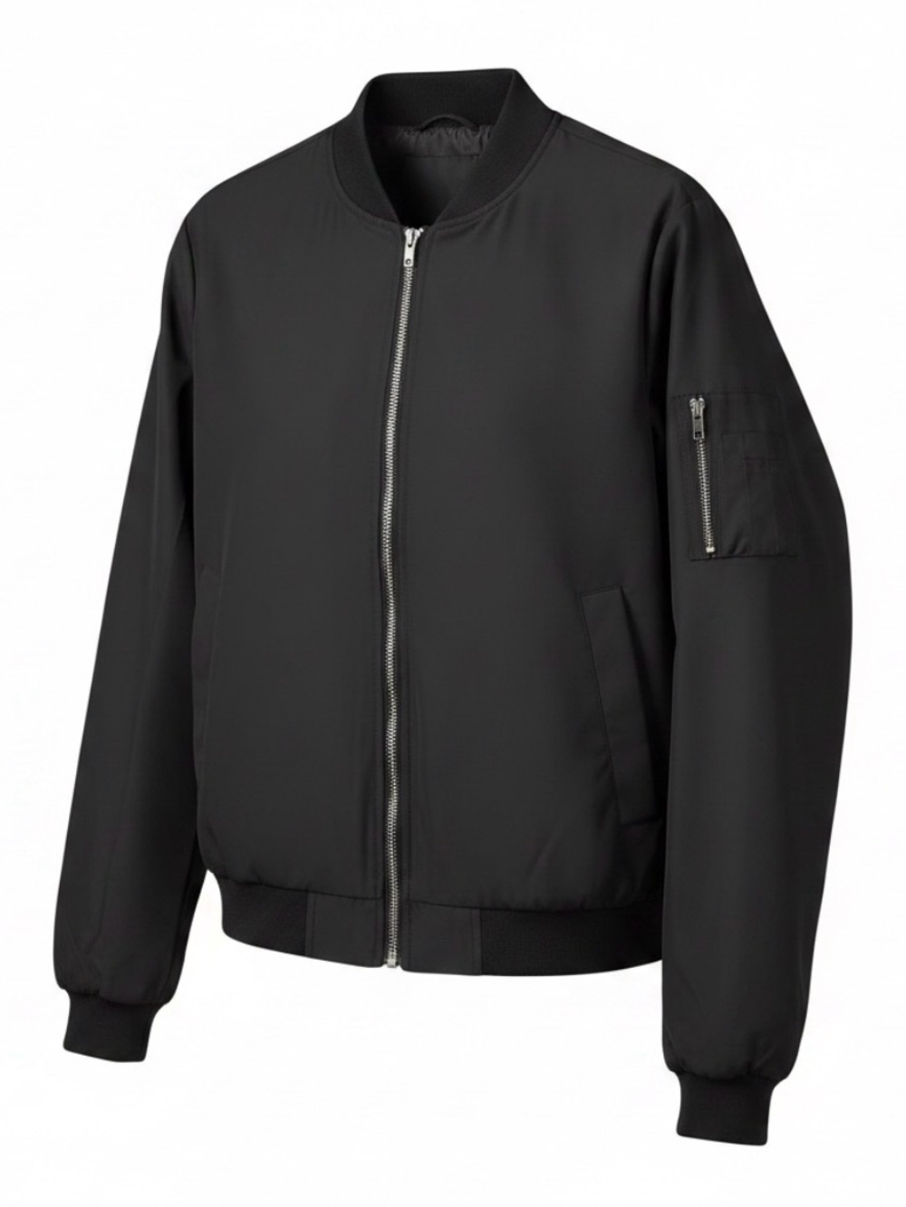 Drop Shoulder Bomber Jacket with Upper Zip Pocket in Black